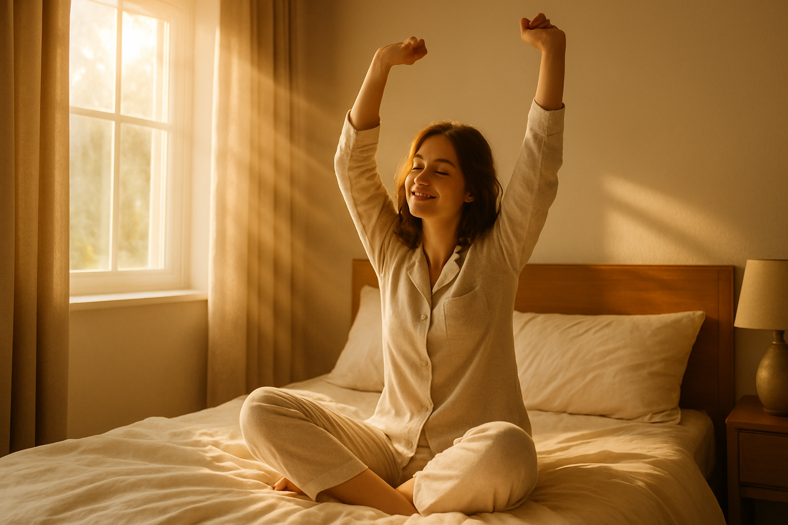 a woman in pajamas, stretching upon waking while still in bed, sun shinning into the bedroom